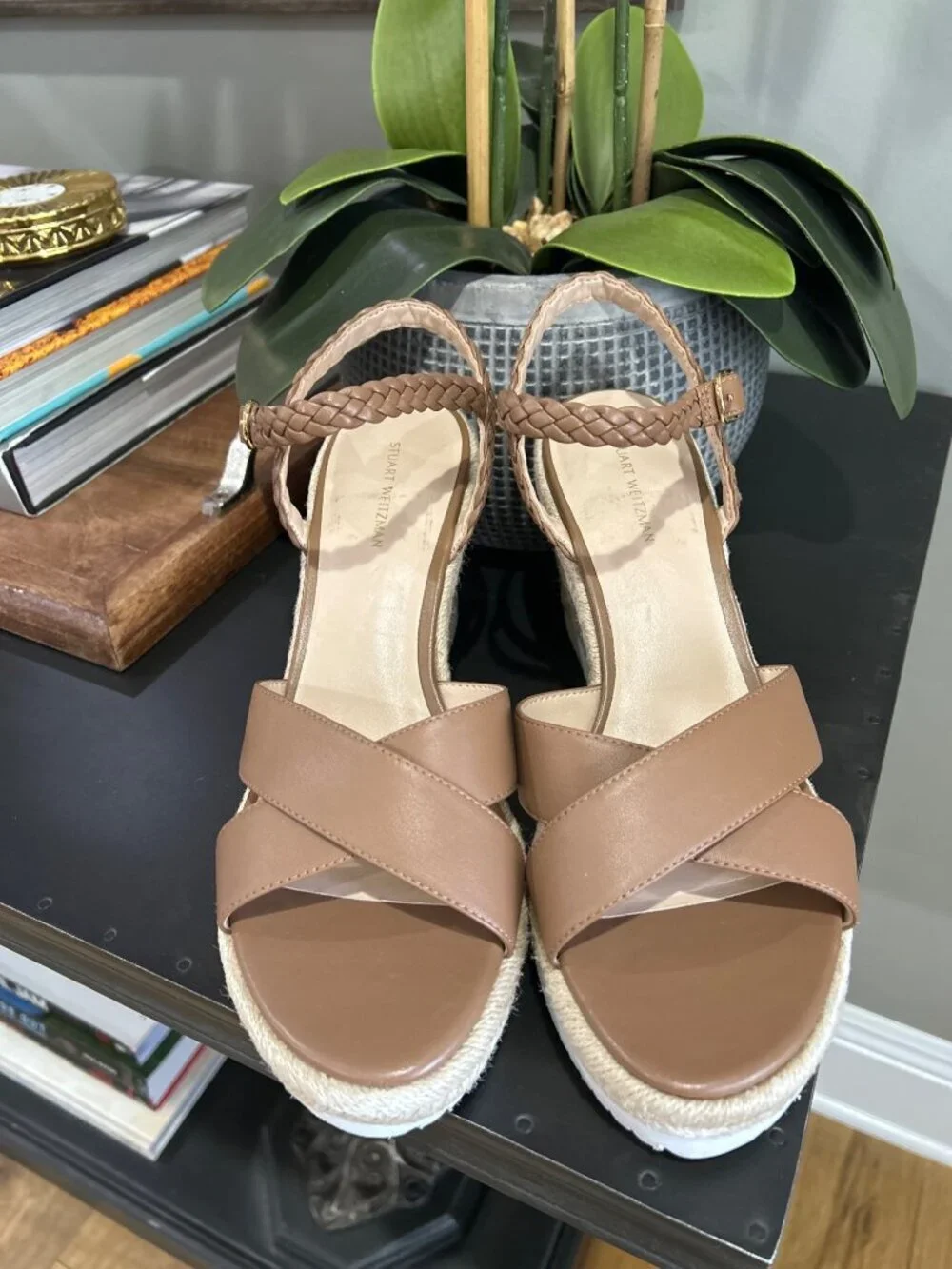 Stuart Weitzman Mykonos Espadrille Braided Leather Wedge Brown Womens Size 10